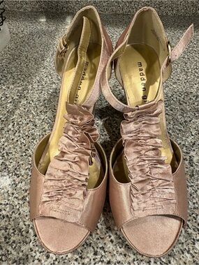 Madden Girl Rose Satin Ruffle Peep-Toe Ankle-Strap Heels